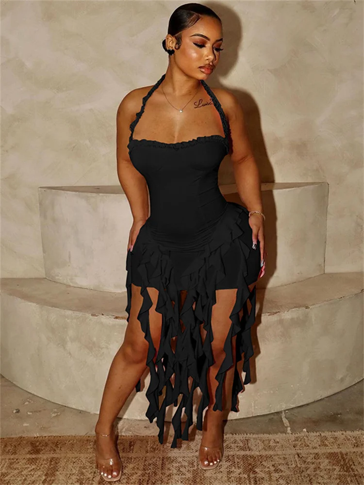 Ladies Summer Ruffle Fashion Evening Birthday Party Dress Women Sleeveless Backless Halter Mini Dresses Woman Clothes Clubwear