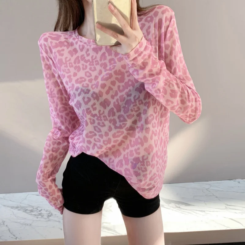 Women Clothing 2023 Spring Summer Leopard Print T Shirt Thin Vintage Loose Mesh Sweet Spicy Girls Long Sleeve Sunscreen Top