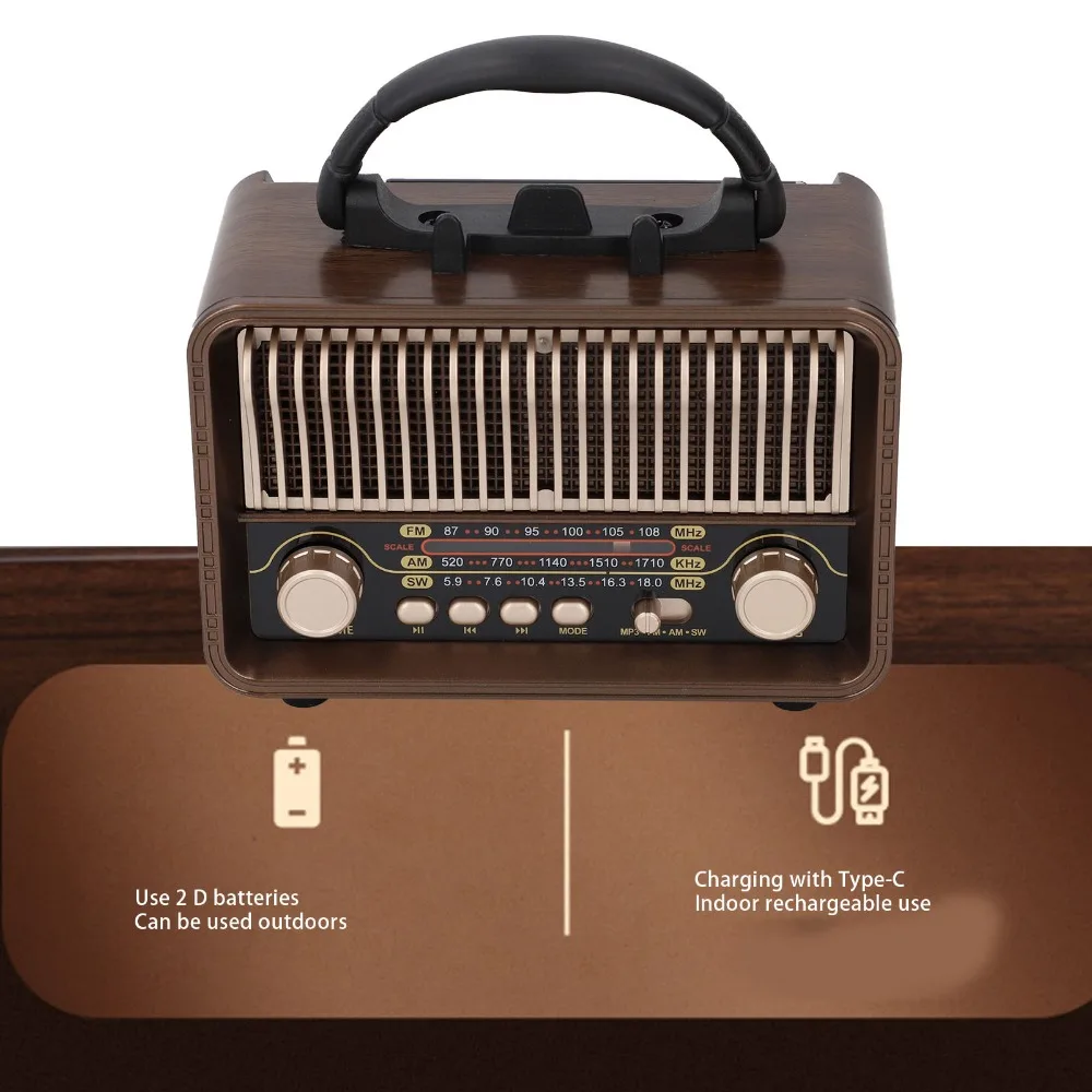 Portable Multi-functional Full Band Radio Bluetooth 5.4 Wood Grain Bluetooth Speaker Stereo Handhold Retro Radio Home Use
