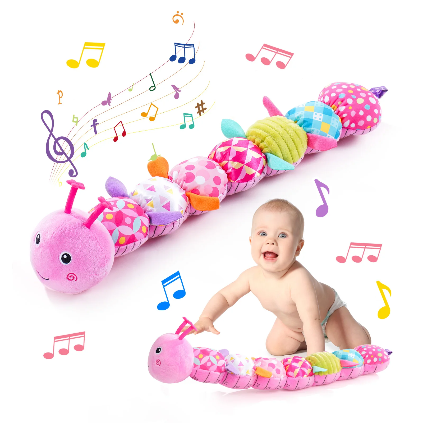 Baby Toys Musical Caterpillar Infant Toys Plush Stuffed Animals | Sensory Toys with Crinkle and Rattle Baby Teething Toys for Tu