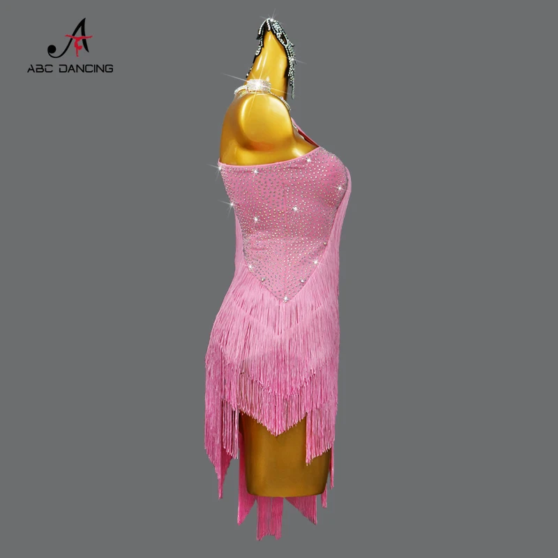 Traje de competição de dança latina rosa adulto feminino profissional franja vestido sexy roupas de salão usar menina esporte festa personalizar