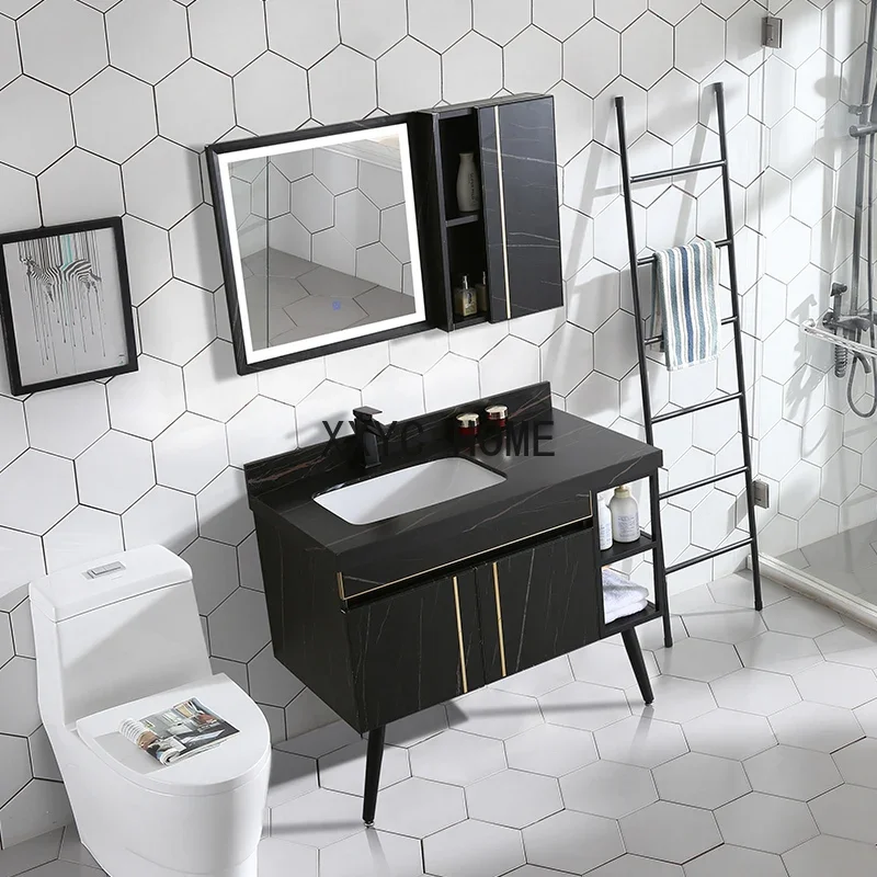 

Stone Plate Bathroom Cabinet Combination Simple Stainless Steel Light Luxury Waterproof Washstand Floor Smart Mirror Cabinet