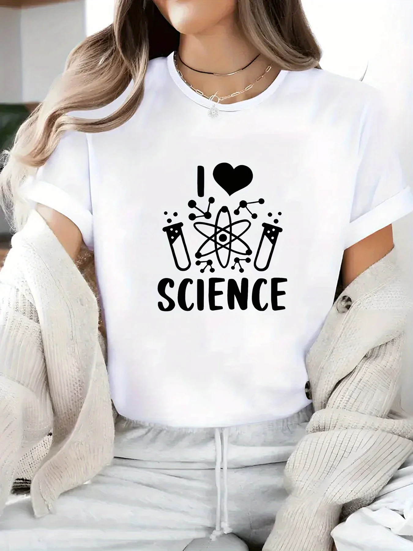 Manica girocollo da donna con stampa grafica scientifica con fiaschette da laboratorio dal design "I Love Science", tessuto elasticizzato traspirante per la corsa