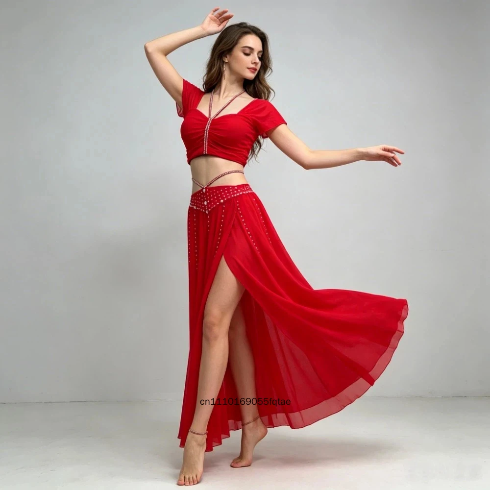 

Women Belly Dance Costume Rhinestone Top Elegant Split Mesh Half Skirt Loose Dance Training Outfit Stage Dance Wear