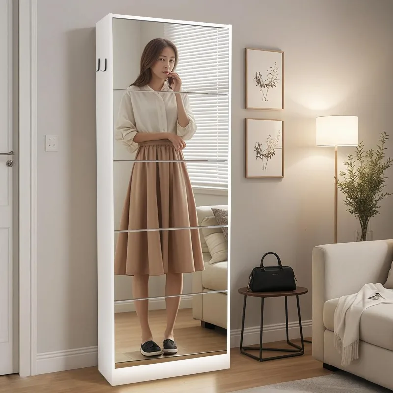 Mirror Shoe Storage Cabinet for Entryway, Narrow Slim Free Standing Hidden Shoe Cabinet with 5 Flip home.