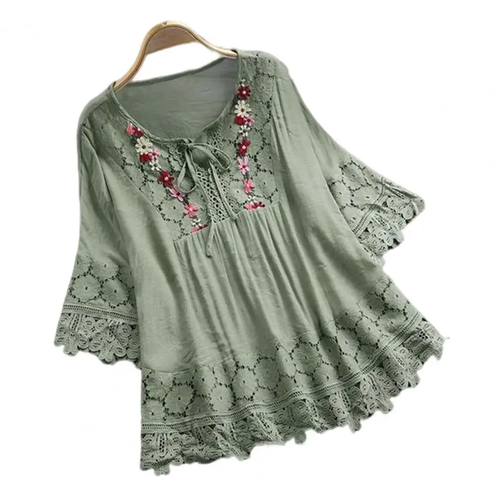 Casual Blouse Trendy Thin Casual Shirt Crochet Embroidery Lace Splicing Flower Decor Summer Shirt Female Clothing