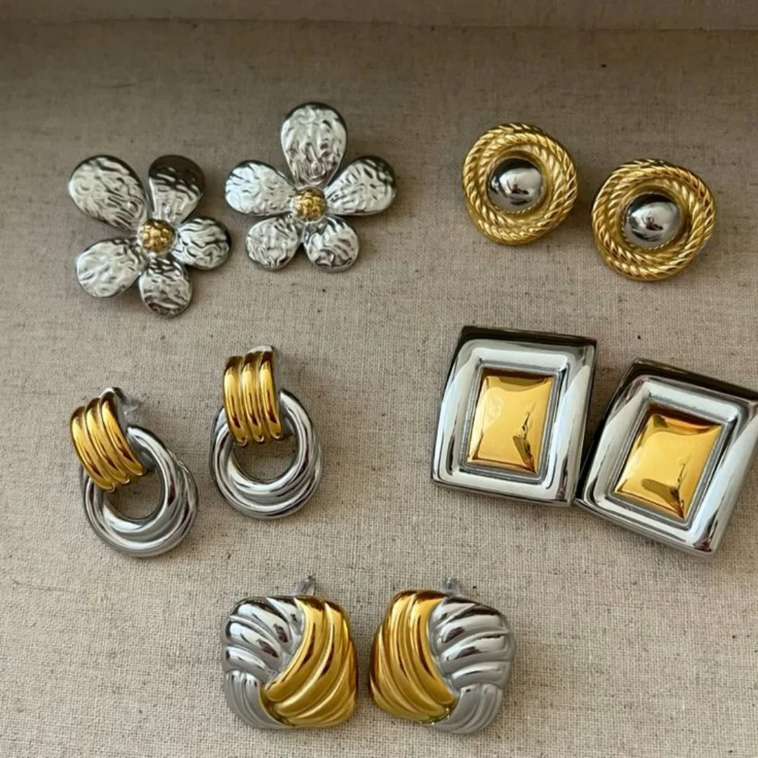 

AIKOER Creative Stainless Steel Mixed Metal Vintage Stud Earrings Fashion Attractive Statement Jewelry Women Personality Gift