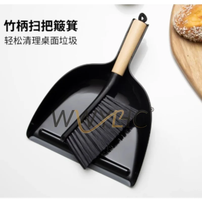 Small Broom and Dustpan Set with Floor Rubber Strip & Simple Bamboo Handle Design