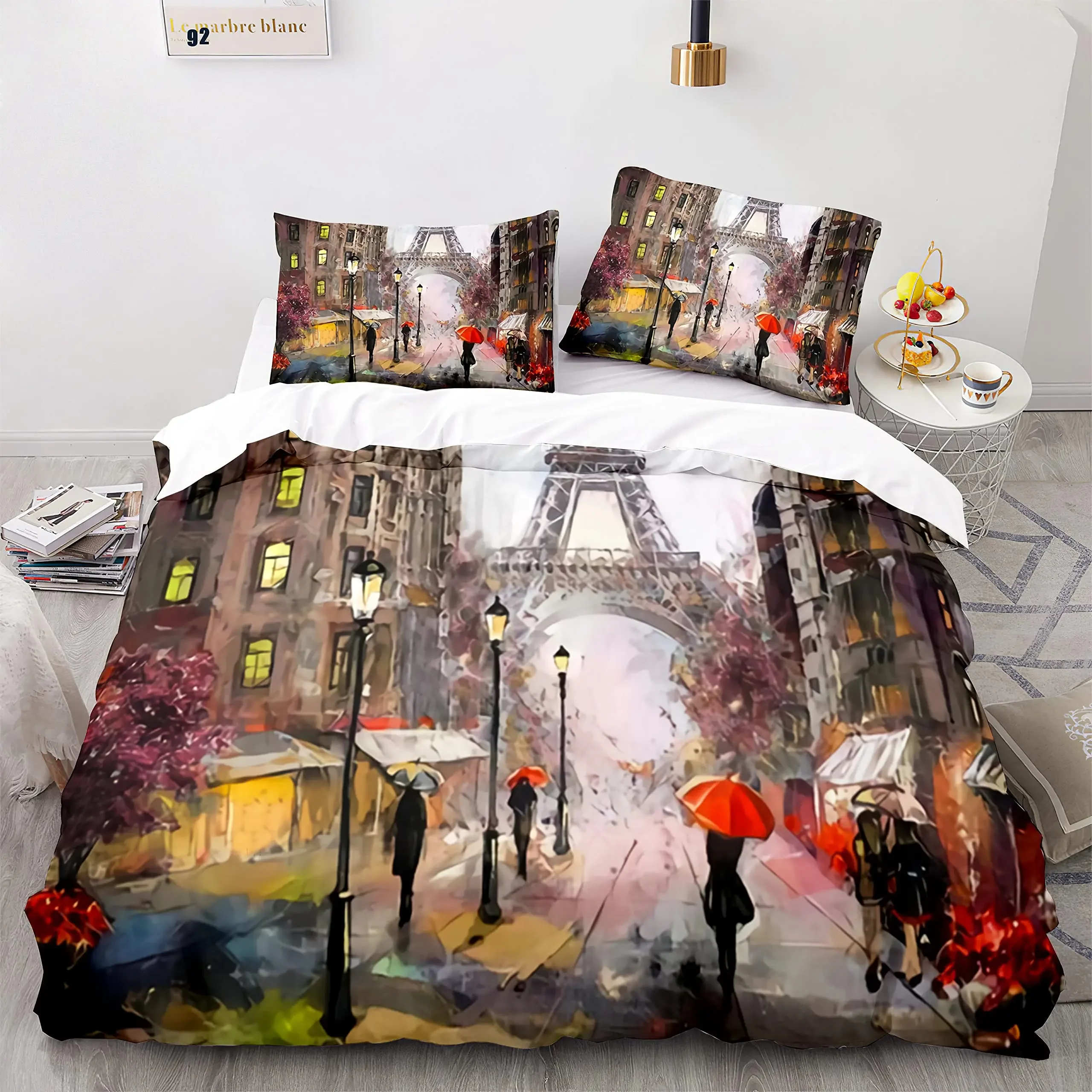 Eiffel Tower Duvet Cover Paris France Bedding Set Retro Red Truck Quilt Cover City Building Automobile Polyester Comforter Cover