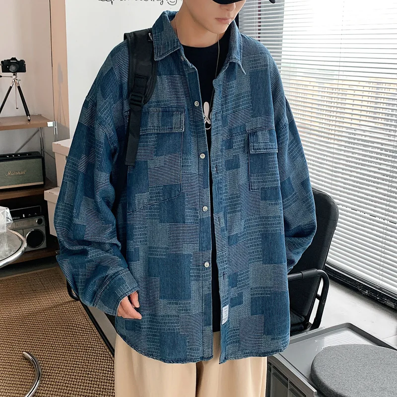 

Hong Kong Style Autumn Denim Tooling Jacket Harajuku Style Shirt Men Thin Japanese Trendy Brand Loose Long-sleeved Shirt Casual