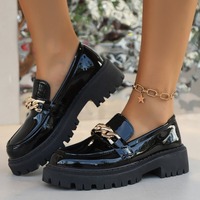 2025 Female Shoes Women Fashion Mary Janes Round Toe Flats Loafers Oxfords Platform Casual Metal Chain Buckle Ladies Heels Black