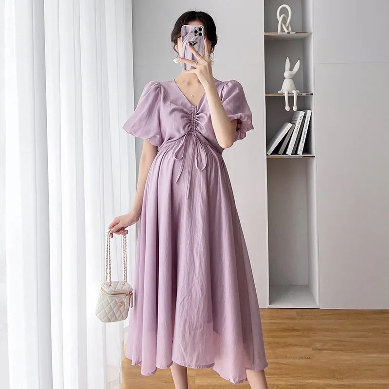 Maternity Dresses Summer Clothes for Pregnant Women 2024 New V-neck Drawstring Pleated Puff Sleeve Pregnancy Long Vestidos