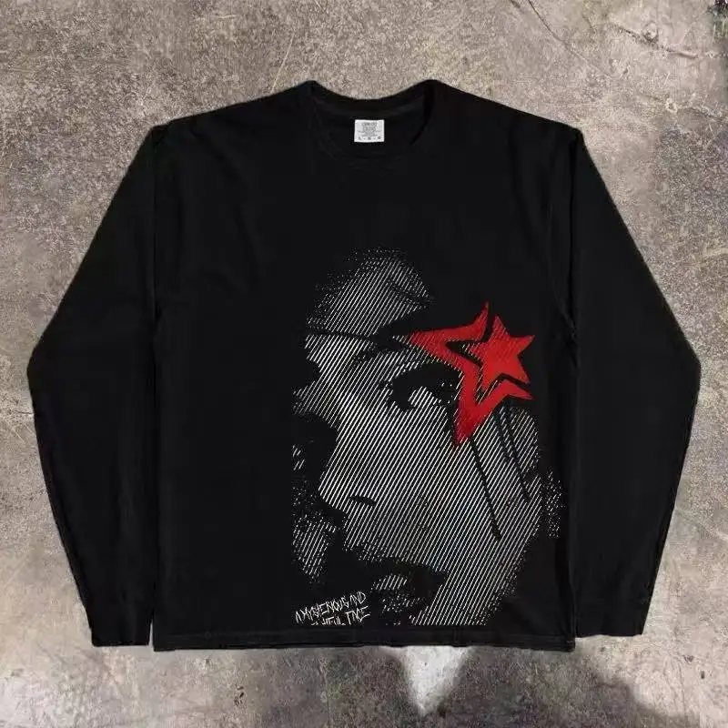 

Y2K Harajuku Classic Aesthetic Pattern Printing Loose Long-Sleeved Casual Couple Kawaii Retro Trend Cotton T-shirt Street Wear