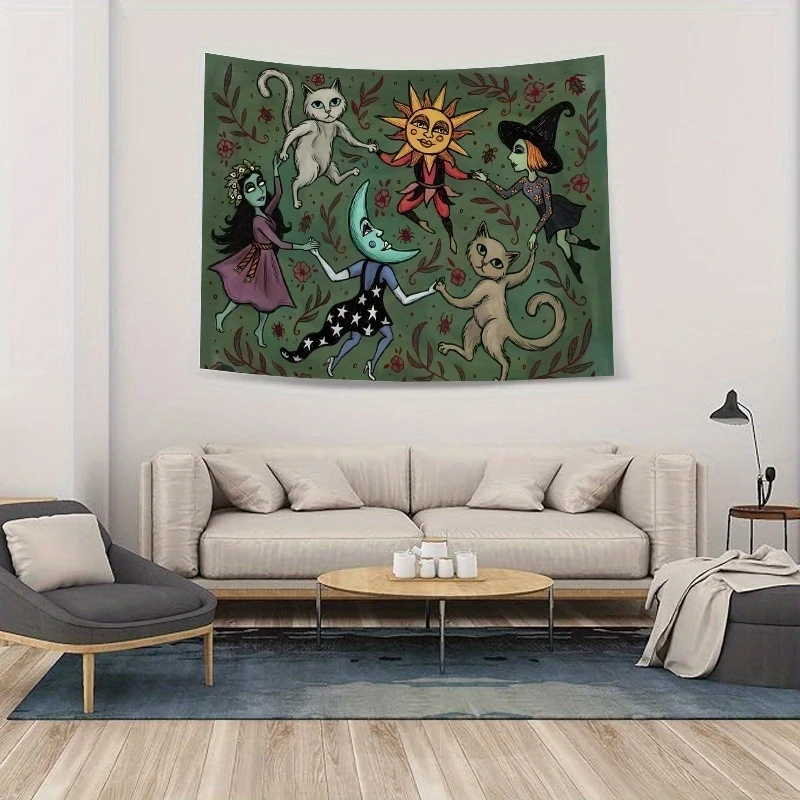 VIKAMA Fantasy Witch Cat Moon And Sun Tapestry, Gothic Folk-Style Wall Hanging, Home Decor For Living Rooms And Bedrooms