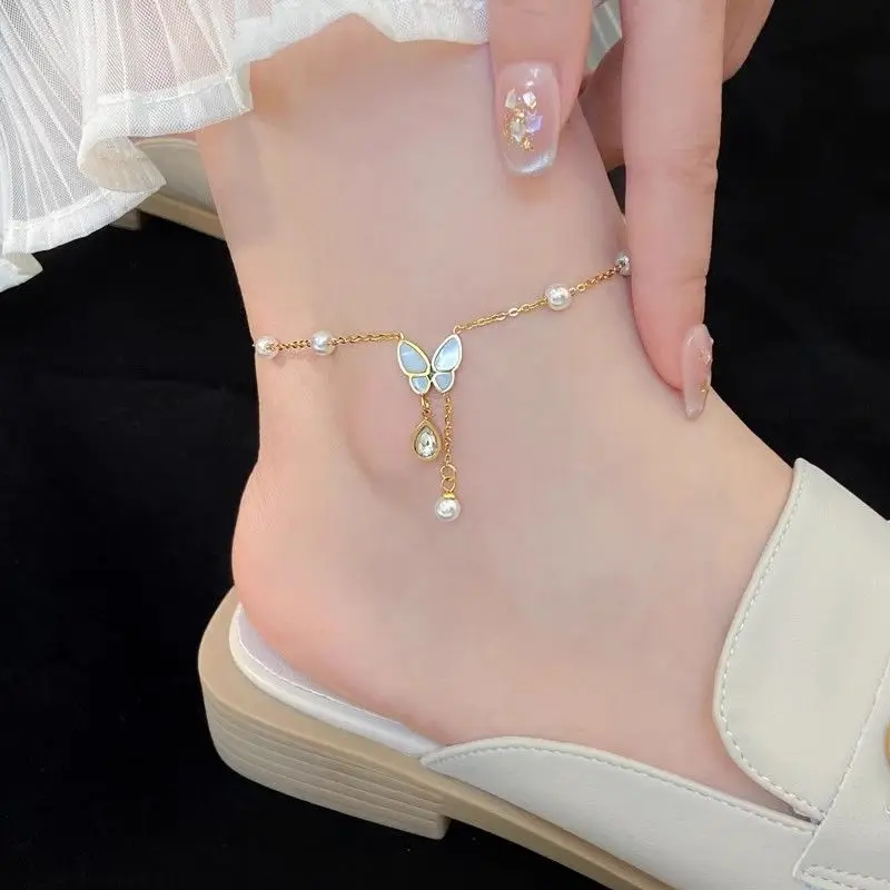 

‌ Бабочка, жемчуг, титановая сталь, устойчивый к выцветанию браслет на ногу, модные легкие украшения, изящная цепочка для ног, гипоаллергенный минималистичный дизайн ‌
