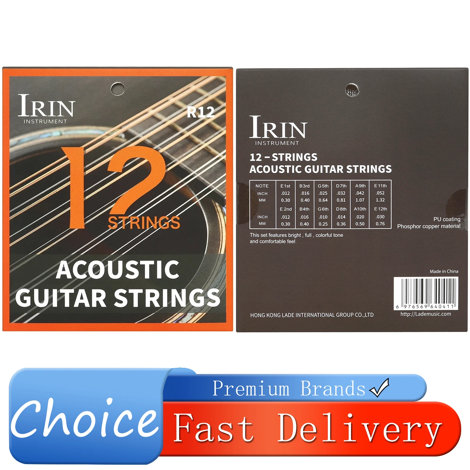IRIN 12-string Acoustic Guitar Strings in Phosphor Bronze with PU Coating Acoustic Guitar Strings Folk Guitar Accessories Parts