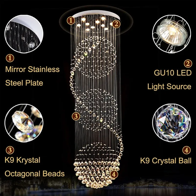 Crystal Chandelier Modern Led Spiral Ball Raindrop K9 Crystal Lamp Nordic Living Room Duplex Building Hall Staircase Chandelier