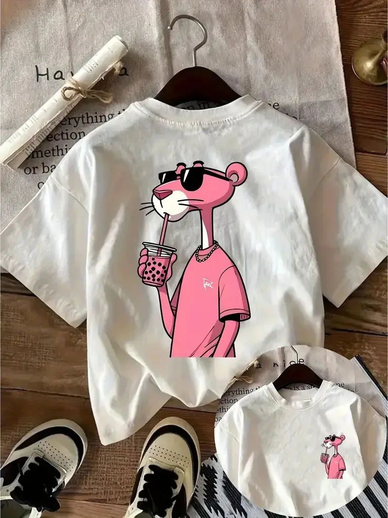 

Pink Panther Boba Cotton T Shirt Charming Cartoon Character Print Trendy Printed Brand Pure Cotton T-shirt Short Sleeve Unisex