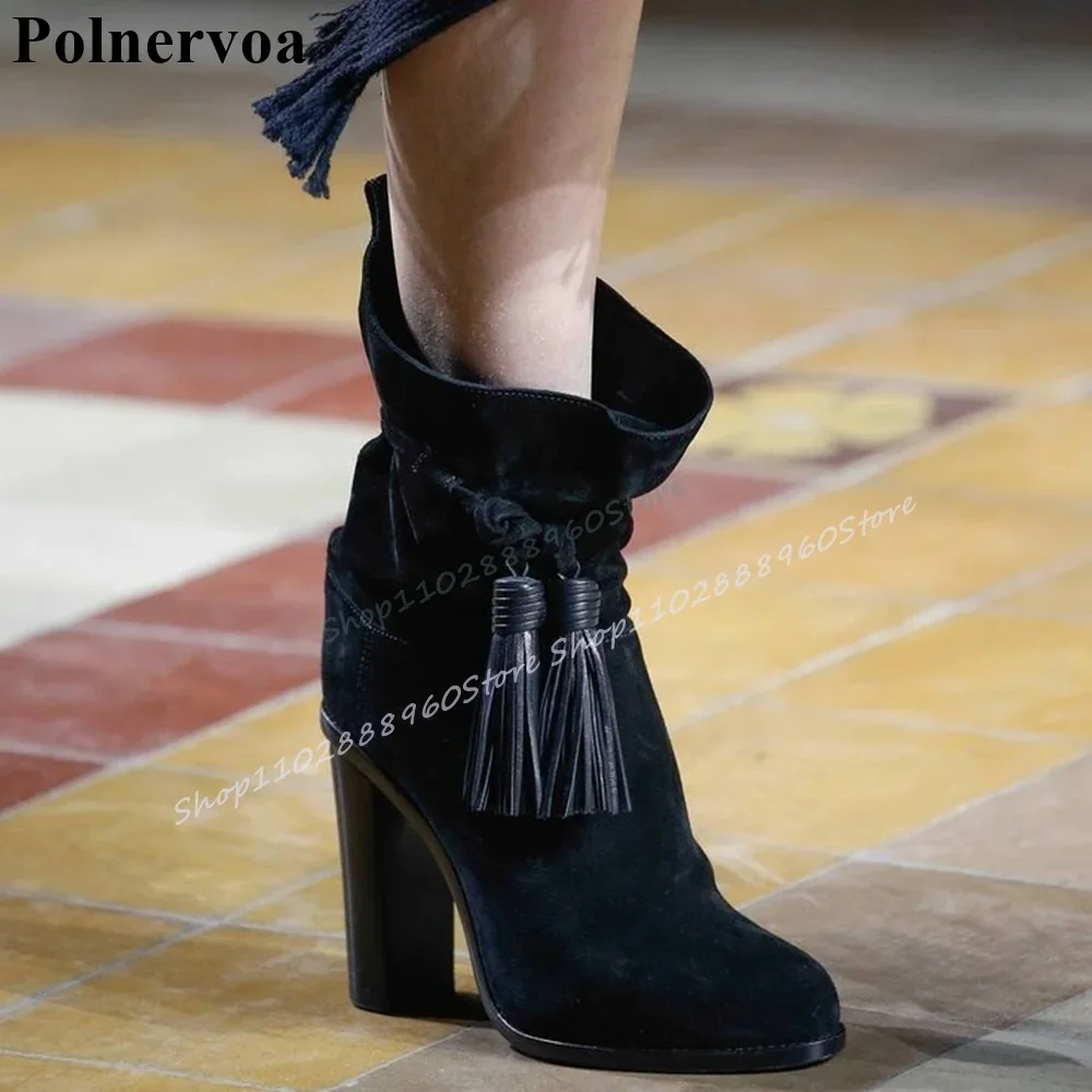 

Runway Mid Calf Black Suede Tassels Decor Boots Chunky High Heel Shoes For Women Round Toe 2025 Fashionable Zapatos Para Mujere