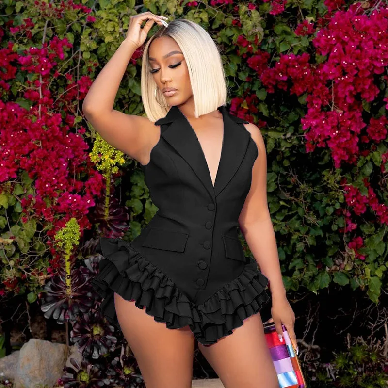 Elegante senhora sólido plissado hem playsuits 2025 verão feminino sem mangas com decote em v botão elegante ol festa rua curto macacão