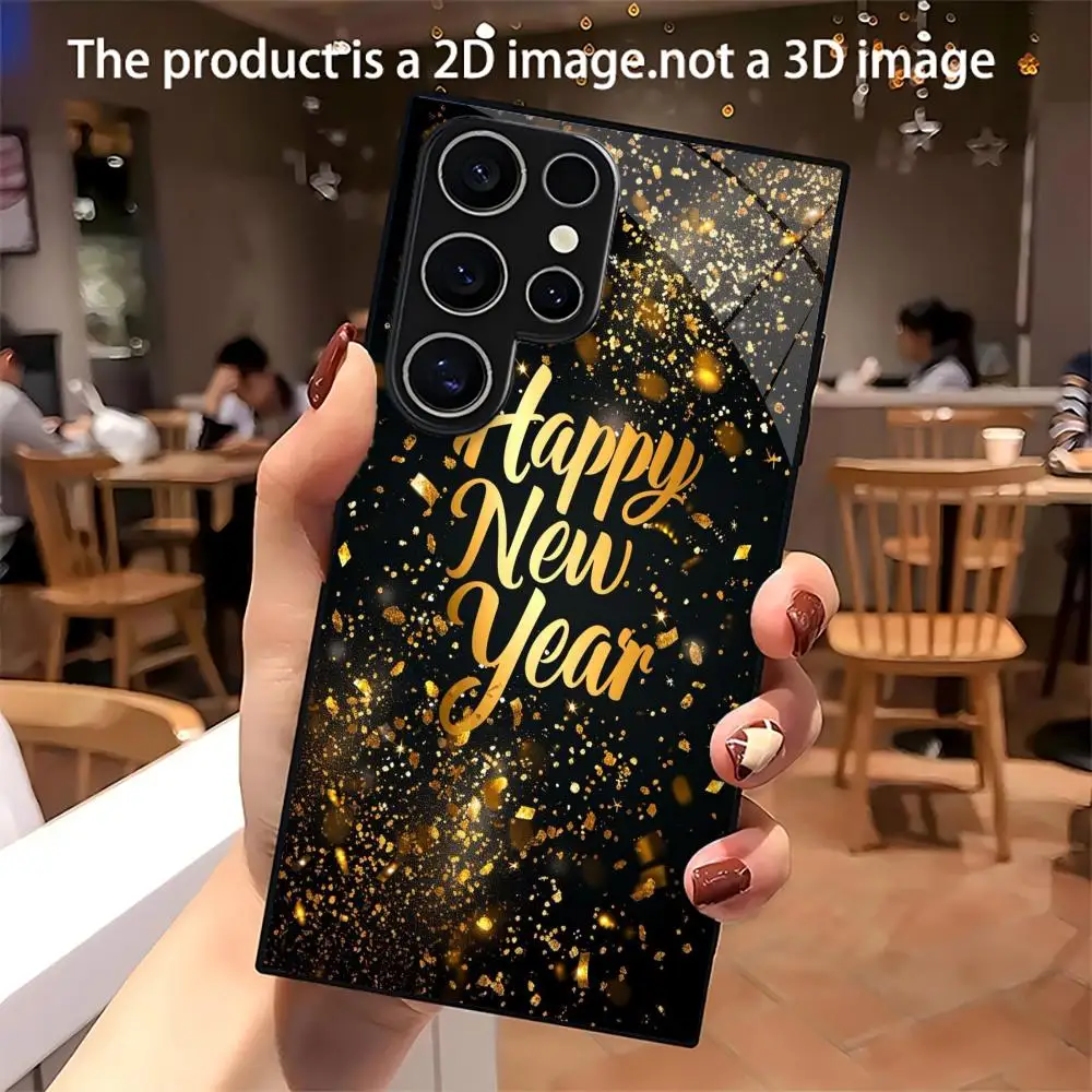 Happy New Year Gold Glitter Glass Phone Case For Samsung Galaxy S26 25 24 23Ultra FE 5G Shockproof Hard Back Protective Cover