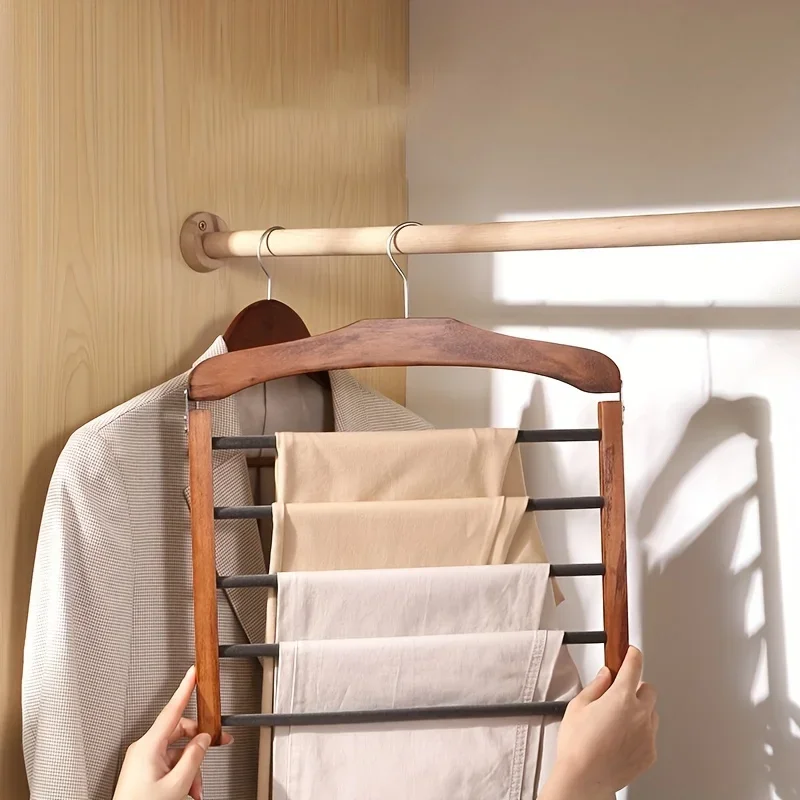 

1pcs Solid Wood Multifunctional Multi-tier Trouser Rack Household Wooden Coat Rack Towel Scarf Tie Storage Rack Flocking