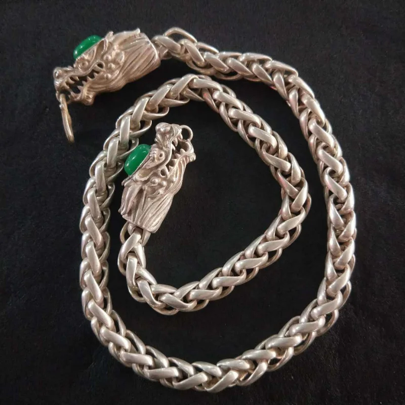 Ethnic Style Retro White Copper -Plated Sweater Chain Jewelry Tibetan Silver Inlaid Gemstone Long Necklace