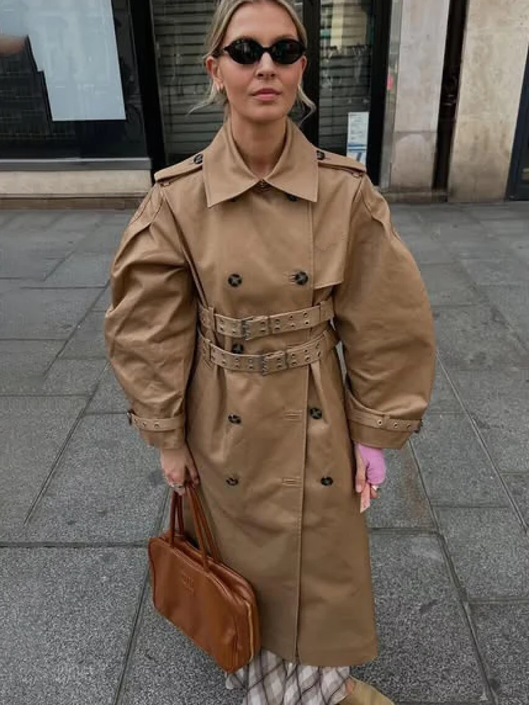 NEW2026 Herfst Nieuwe Collectie Damesmode Kaki Trenchcoat Double-Breasted Lantaarn Mouw Double-Breasted Taille Riem lange Jack