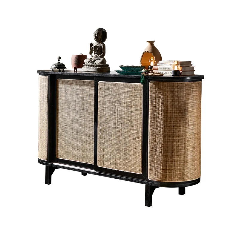 

Nordic solid wood dining side cabinet sliding door TV cabinet storage high cabinet modern simple rattan dining side storage cabi