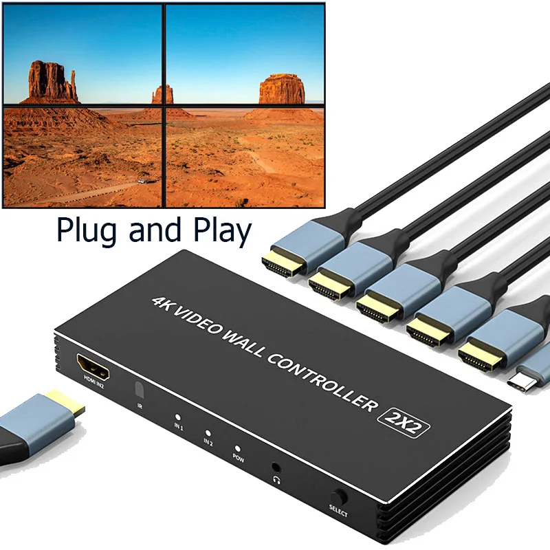

4k 2x2 HDMI Video Wall Controller 4 Channel TV Video Splicer 1X2 1X4 2x2 1x3 3x1 Multi Screen Splicing Processor Plug and Play