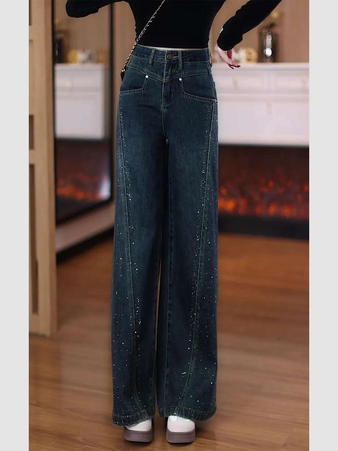 High Waist Wide Leg Jeans Women's Autumn Winter New Style Loose Casual Straight Leg Long Pants Diamond Studded Ladies Jeans