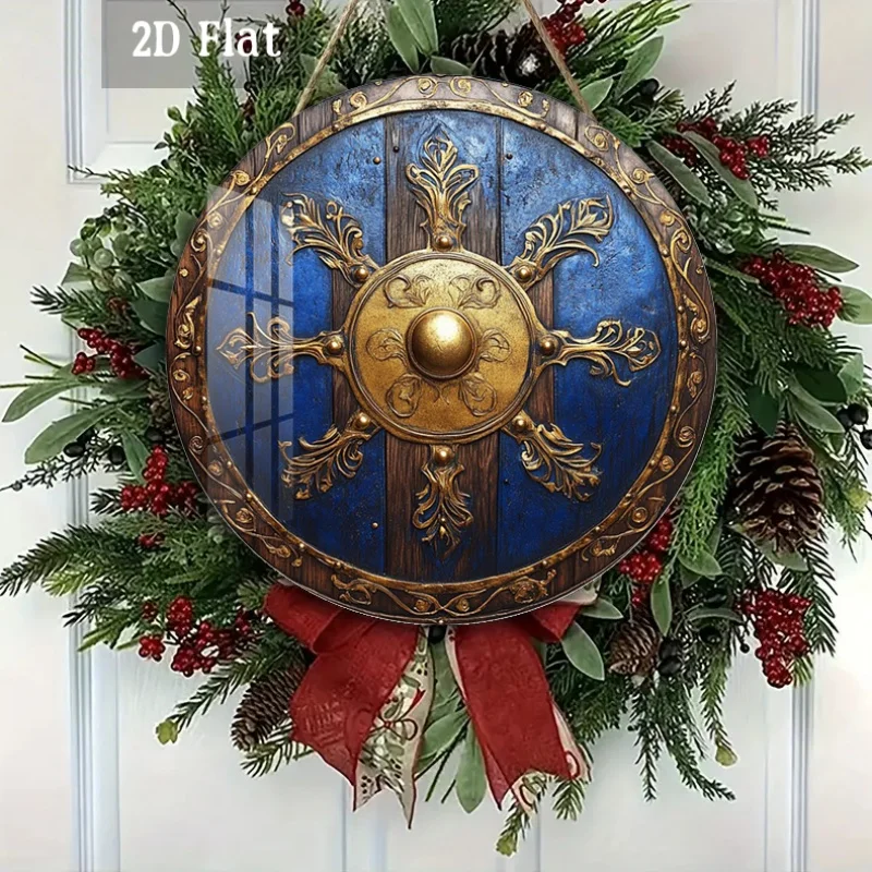 2D Flat - 1pc a Medieval-Style Decorative Shield Made of Wood, Featuring a Vintage Ornate Design. This Round Wooden Artwork Serv