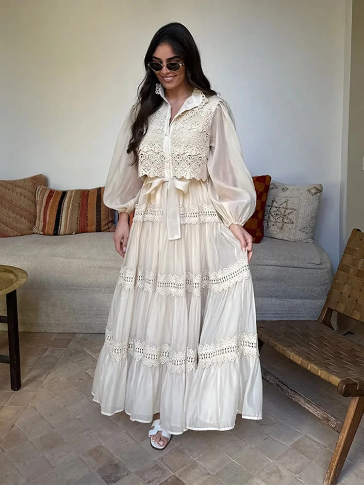 Elegant Hollow Out Women's Long Dresses Lantern Sleeves Lace Up Pearl Single Breasted Dress 2025 Spring Summer Female Solid Robe