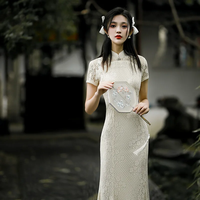 2023 Summer New Fishtail Stitching Lace Cheongsam Dress Elegant Long Tassel Dinner Palace Chinese Women Qipao Wedding Dress