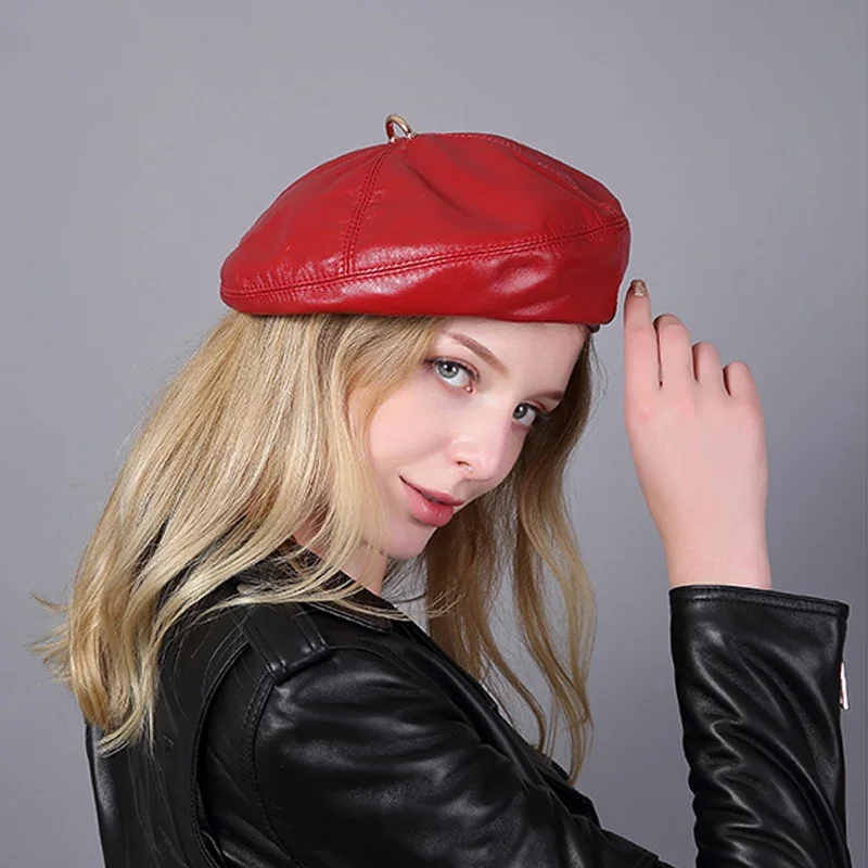 2023 Spring 100% Real Leather Beret Hat Women Fashion European Pumpkin Painter Caps Female Rainbow Color White/Red