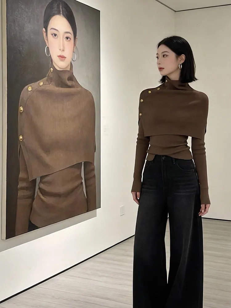 

Вязаный свитер цвета кофе с молоком и комплект из двух предметов: топ и накидка. Женский осенне-зимний облегающий базовый топ для повседневной носки.