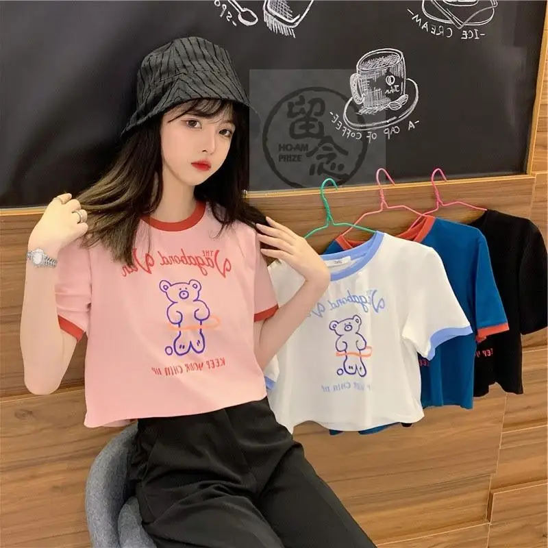 

Boring Honey Summer New Knitting Tops Women Little Bear Print O-Neck Contrast Color Cute T-Shirt Casual All-Match Short Top Wome