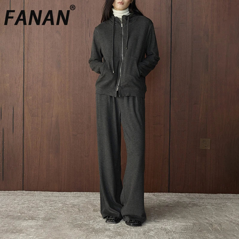 

FANAN Women's Casual 2 Piece Set For Women Hooded Design Double Zipper Tops + High Waist Straight Pants 2025 Winter New Suits