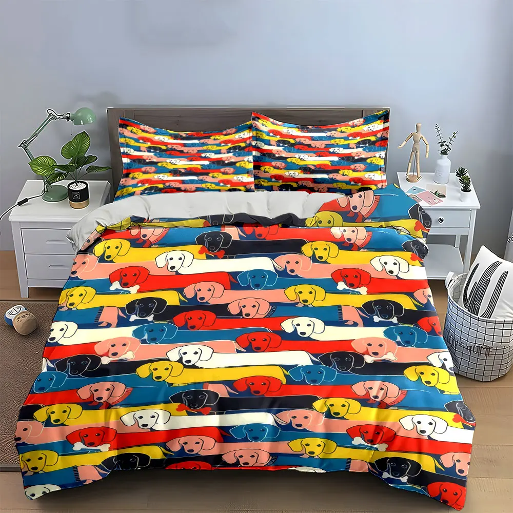 Colorful Dachshund Stack Seamless Duvet Cover Set,Primary Color Puppy Kids Bedding Includes 1 Duvet Cover And 2 Pillowcase,Gift