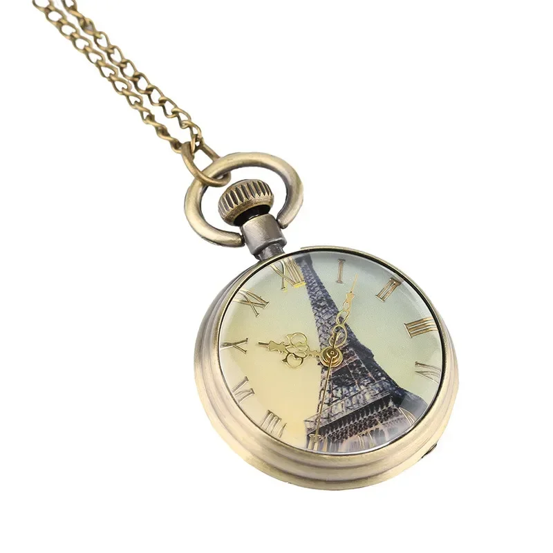 Retro Eiffel Tower Dial Men Women Quartz Pocket Watch Roman Numeral Watches Necklace Pendant Chain Clock Reloj de bolsillo