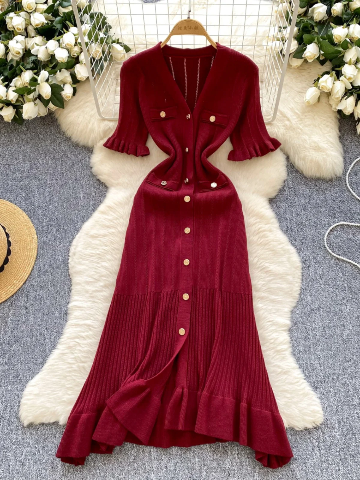 

Summer French Retro Style Knitted Dress Women Ruffle Short Sleeve Single Breasted Bodycon Dresses Ladies Causal Bodycon Robe