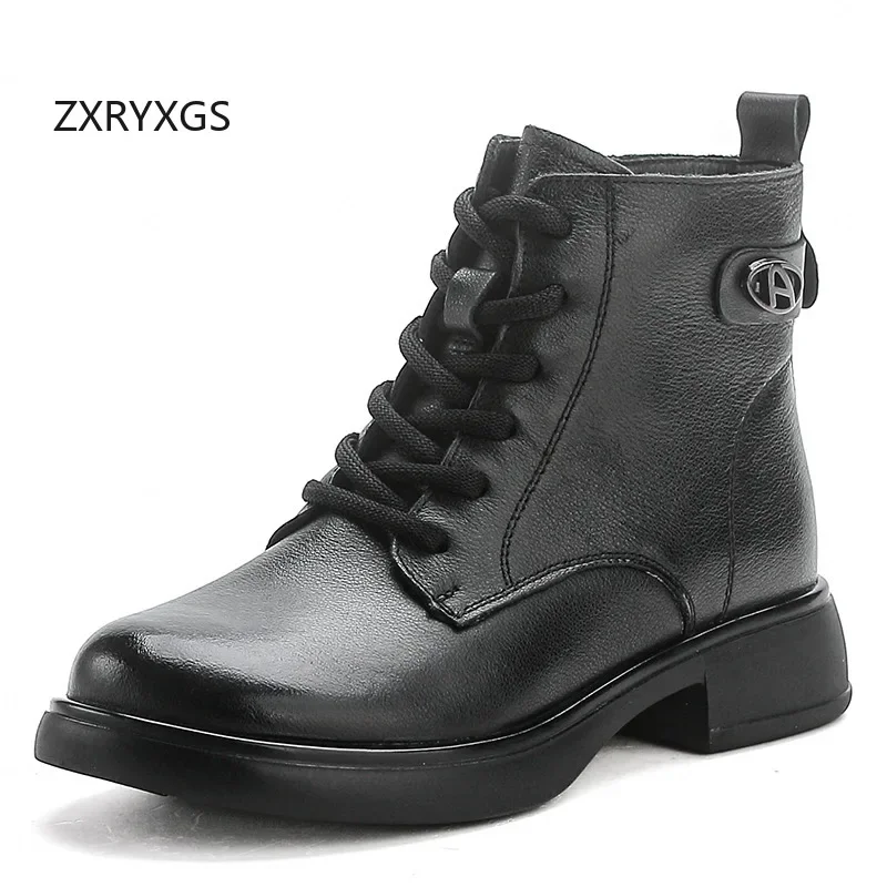 

ZXRYXGS Premium Cowhide Autumn Winter Boots 2024 New Fashion Versatile Thick Low Heel Trend Boots British Women Shoes Boots
