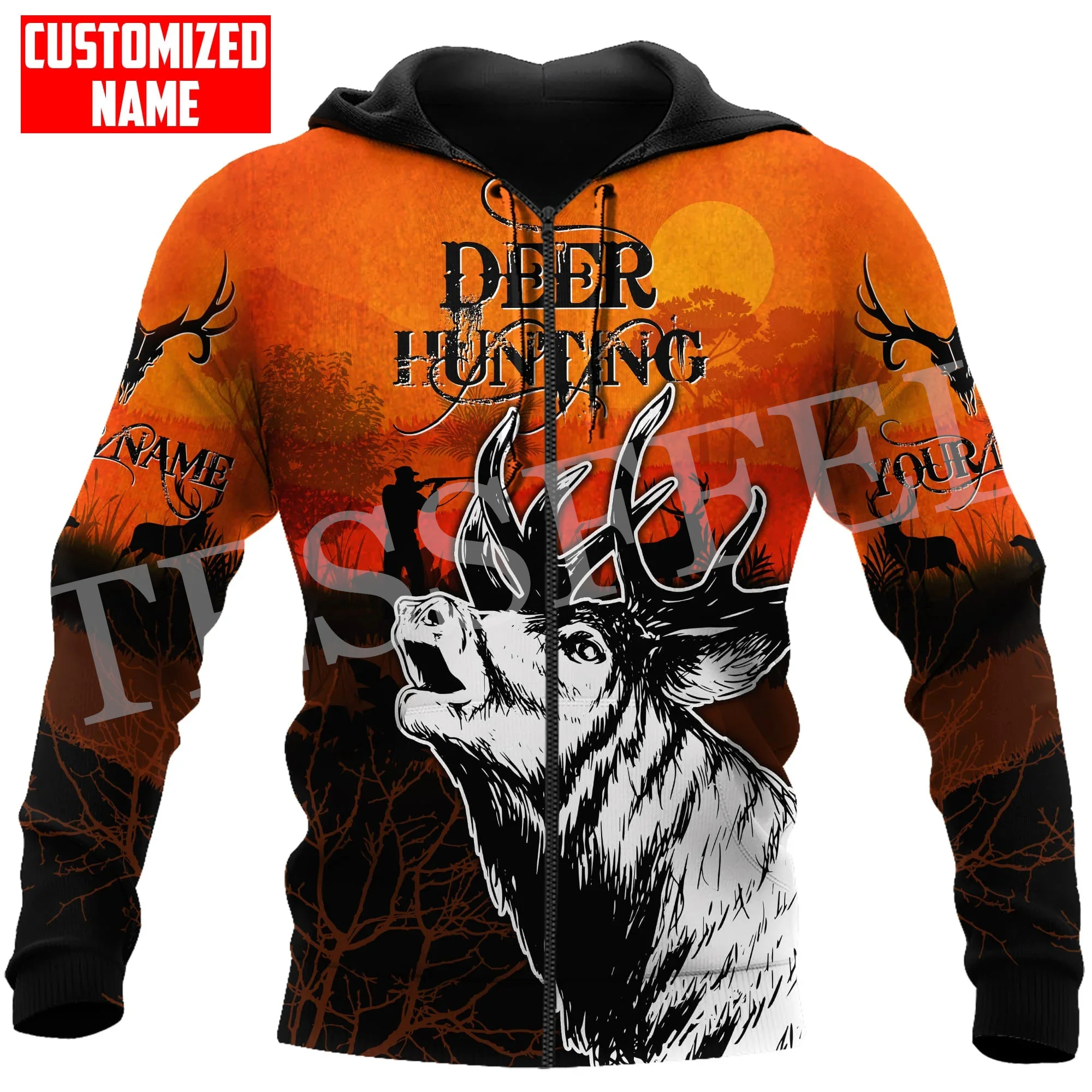 Custom Name Deer Hunting Animal Hunter Camo Cosplay Tattoo Retro 3DPrint Harajuku Casual Streetwear Pullover Jacket Hoodies X21