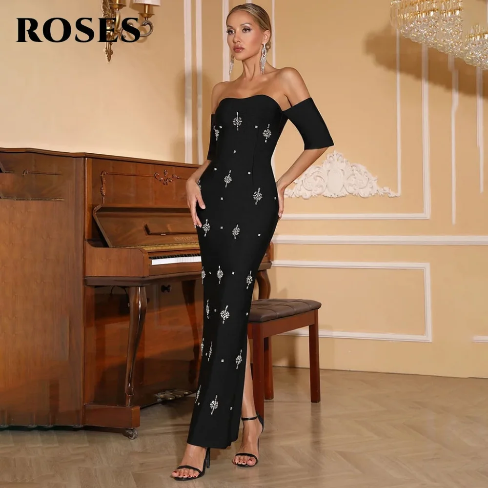 Rosas preto vestidos de festa fora do ombro bordado vestidos de noite com trompete de cristal em camadas vestidos de gala para mulher personalizado