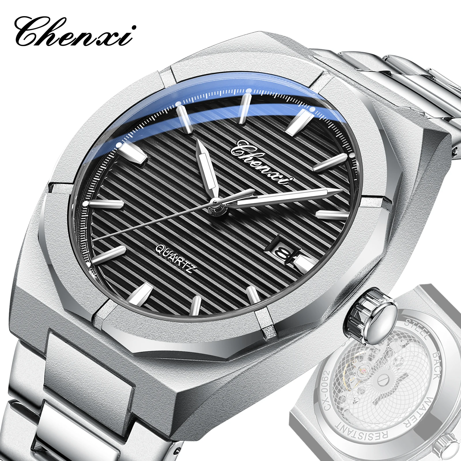 Chenxi 0062 kwarcowy zegarek na rękę ze stali nierdzewnej dla mężczyzny luksusowy wyświetlacz daty świecąca bransoletka moda męska oryginalny zegar
