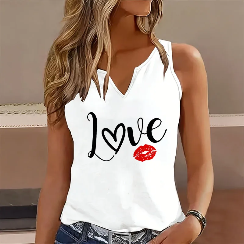 Graphic Sleeveless Tank Top T-shirt V Neck Casual Fashion Love Lips Printed Vest T Shirts Women Short Sleeve Tee Shirt V-Neck