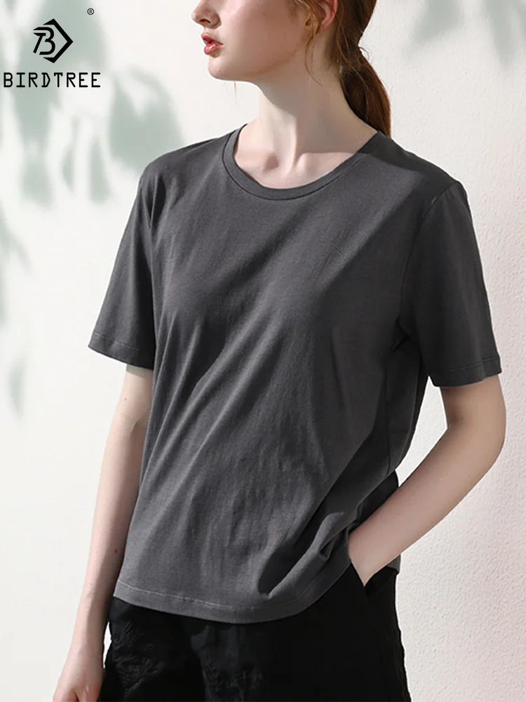 BirdTree, 10%Mulberry Silk Elegant Knit T-Shirt, Women Short Sleeve Solid, OL Commute Casual Top, 2024 Summer Autumn T46667QM