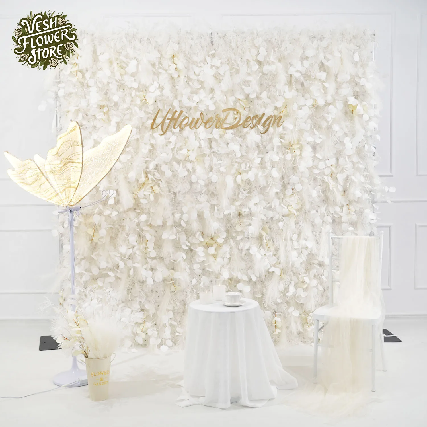 Uflower Luxury Milky White 5D Feather Flower Wall Arch Background Decoration Lawn Wedding Party Banquet Event Mall Props