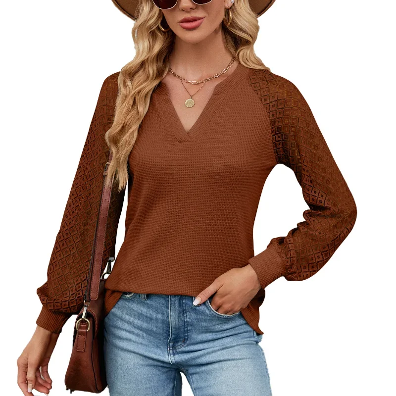 Europe and America Women's Clothing 2023 Autumn Winter New Solid Color Spliced Lace Long Sleeve V-Neck Loose Casual Tops T-shirt