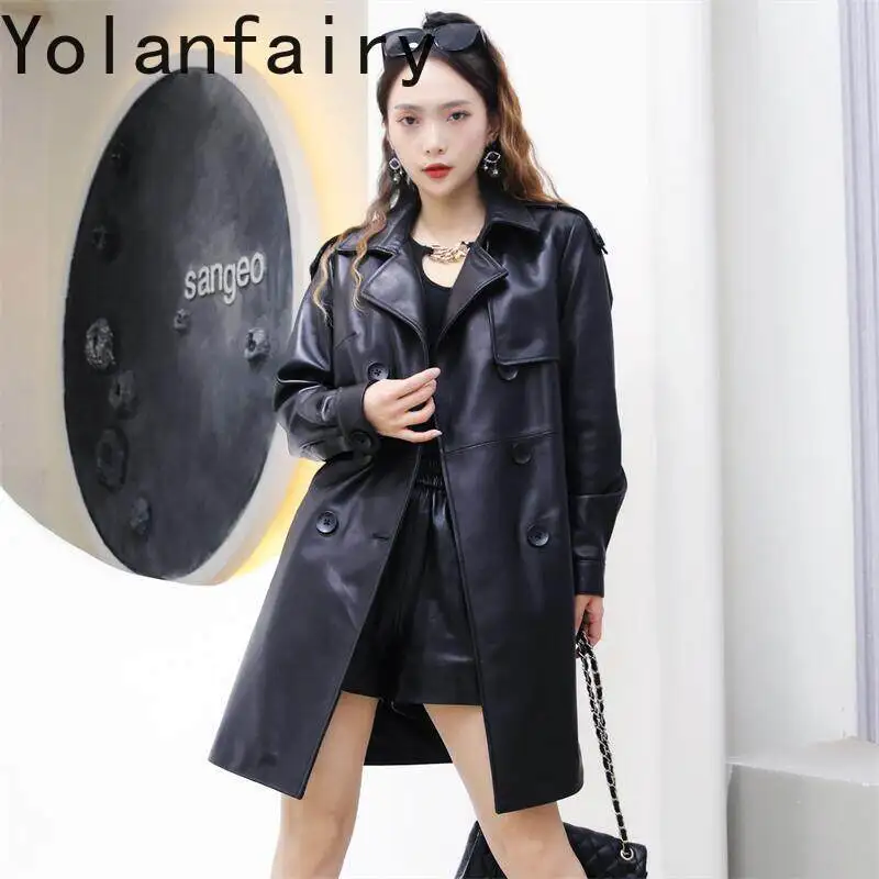 YOLANFAIRY Genuine Sheepskin Leather Trench Coat Women Black Slim Fit Blazer Collar Real Leather Jacket Mid-length Streetwear